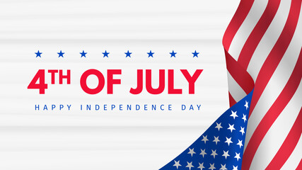 Obraz premium Independence day 4 th july poster. Usa independence day celebration. American national holiday. Invitation template with text and waving us flag on white wooden background