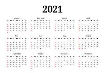 Calendar for 2021 isolated on a white background