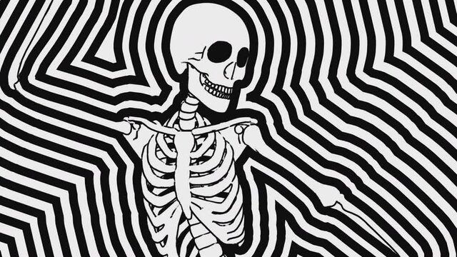 Seamless animation psychedelic dancing skeleton printed drawn style cartoon. Hypnotic halloween background with marker stroke effect  in black and white.