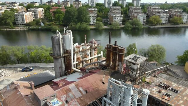 Aerial View Old Rusty Carbonic Industry On Seaside, Liljeholmen Stockholm Sweden