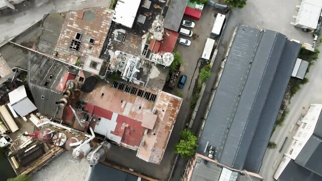 Aerial View From Above Old Rusty Carbonic Industry And Water, Liljeholmen Stockholm Sweden