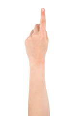 Hand gesture - forefinger,  isolated on a white background. female palms indicate something, blank for your design, top view.