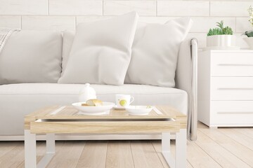 modern mock up of sofa,pillows,nightstand with plants and table with tea set interior design. 3D illustration