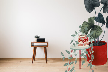 wooden coffee table and clock with blank screen and drawn plants illustration