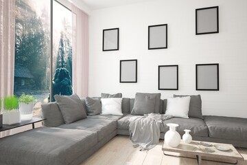 modern room with sofa,pillows,plaid,plants and table with tea set interior design. 3D illustration