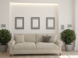 modern room with sofa,pillows,plants and empty frames interior design. 3D illustration