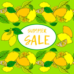 Sale. Drawing in the style of a color engraving with lemons and leaves. Tropical summer citrus fruit. Vector illustration for web design or print.