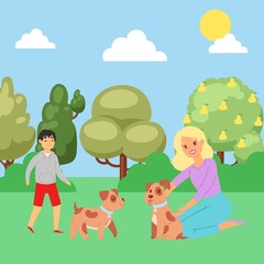 Obraz na płótnie Canvas Summer park, boy playing with puppy, joyful man and happy dog in nature, outdoor, design, cartoon style vector illustration. Useful lifestyle, Good rest, dog, man s best friend, woman stroking pet.