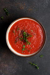 Tomato soup with herbs and spices. Mediterranean Kitchen. Traditional spanish gazapcho cold soup