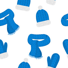 Seamless pattern winter hat with pompom scarf and mittens accessories with ornament vector illustration