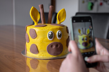 Person taking photo of giraffe face birthday cake - 358294568