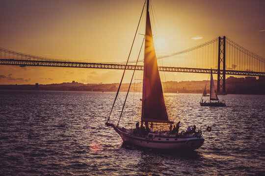 background for travel. yacht on the river in the sunset rays. summer vacation