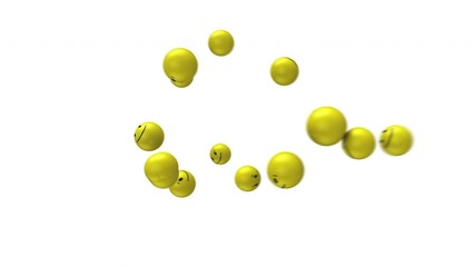 Social media. 3D Yellow smiling balls fly to the top and burst at the end on a white background. Video for posts on social networks. 4k video
