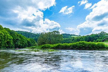 Rafting on pontoons on a quiet river