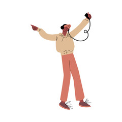 Happy smiling man in red pants dancing and listening to music with headphones. Vector illustration in flat cartoon style