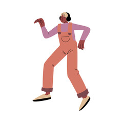 Happy smiling man dancing and listening to music with headphones. Vector illustration in flat cartoon style