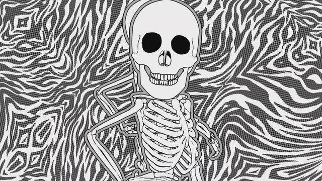Seamless animation of a skeleton posing in printed drawn style cartoon isolated with a zebra background. Funny halloween background with marker stroke effect.