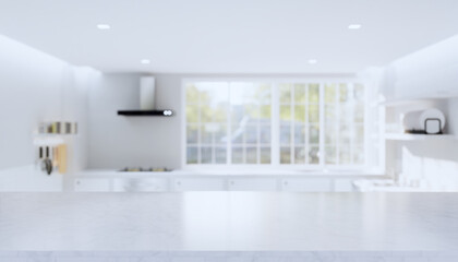 kitchen interior background with counter or table. Decoration with marble or natural stone at top surface look clean and modern. With empty or copy space for mock up or product display. 3d render.