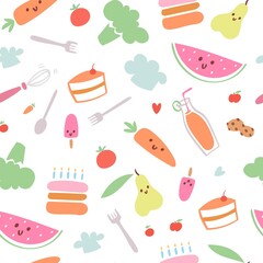 Food menu for kids seamless pattern, vector illustration. Fresh healthy cartoon fruit for baby wallpaper, cute colorful background. Cook lunch with vegetables for child, funny meal decoration.