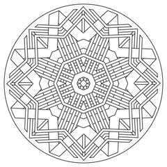Octagonal star snowflake mandala pattern - black on white. Vector graphic of octagonal star mandala with black line art pattern on white background. Perfect for coloring book.
