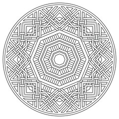 Octagonal star snowflake mandala pattern - black on white. Vector graphic of octagonal star mandala with black line art pattern on white background. Perfect for coloring book.
