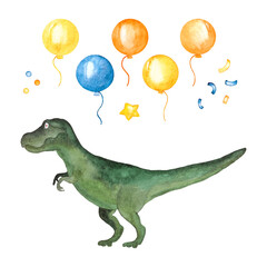 Watercolor set for the holiday - dinosaur, balloons, star and serpentine. Vector illustration.