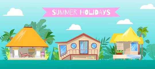 Summer holiday, at flat beach home vector illustration. Resort stilt house building background, cartoon bungalow cottage near sea. Hut at seaside landscape, vacation travel to ocean.