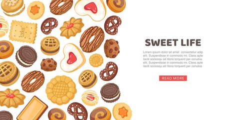 Cake banner, sweet life vector illustration. Cookie, cupcake sweet food pastry, delicious design web page. Sugar dessert set, tasty bakery flour product, beautiful cafe cartoon advert.