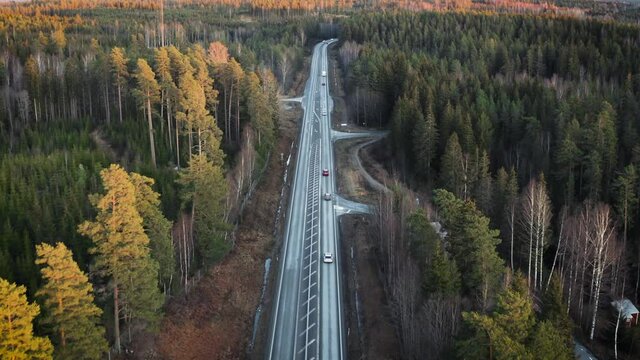 4k aerial footage of cars driving in a  highway passing through the Scandinavian pine forest between Sweden and Norway at golden hour