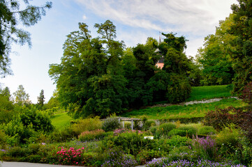 Fototapeta premium Park on the Lake Constance (Bodensee) on the Rhine at the foot of the Alps