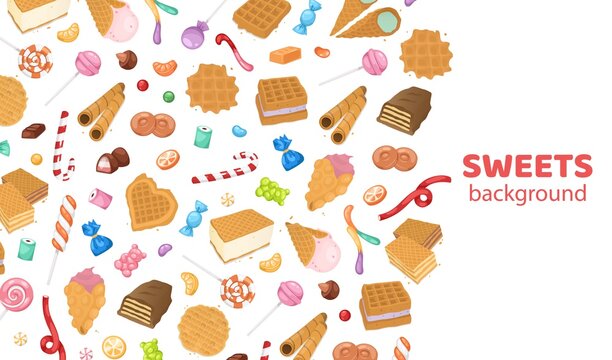 Dessert sweets candy background, vector illustration. Chocolate food with decoration, tasty colorful cake design, lollipop, cupcake and pastry. Sugar snack cafe shop cartoon wallpaper.
