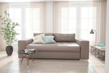 modern room with sofa,curtains,table,lamp and plant interior design. 3D illustration