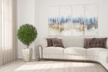 modern room with sofa,pillows,pictures,curtains and plant interior design. 3D illustration