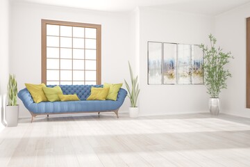modern room with sofa,pillows,pictures,plants interior design. 3D illustration