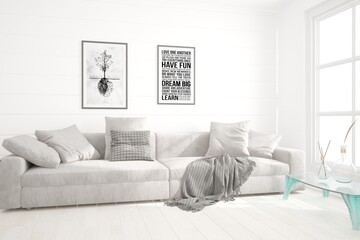 modern room with sofa,pillows,plaid,table and vases interior design. 3D illustration