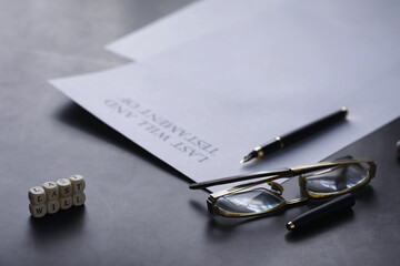 Legal concept. The procedure for writing the last will. Papers with testament on the table....