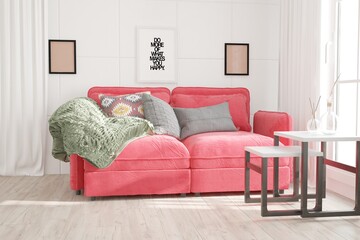 Fototapeta na wymiar modern room with sofa,pillows,table,vases and curtains2 interior design. 3D illustration