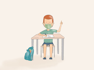 Hand drawn illustration of a kid using face mask pointing up on a school desk