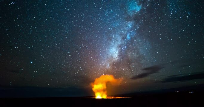 Lockdown time lapse shot of burning fire against Milky Way at night in dark - Big Island, Hawaii