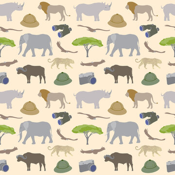 Wild african animals set. Big five seamless pattern. Safari stylized background.