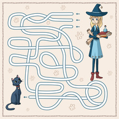 Labyrinth. Maze game for kids. Help cute cartoon witch find path to her black cat. Vector illustration. Blue and beige pastel colors.
