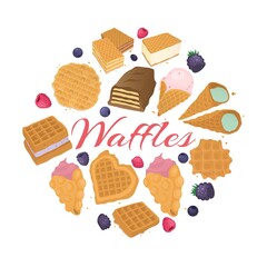 Waffle dessert food backgrond, vector illustration. Tasty lunch meal, wafer snack with cream at bakery, delicious breakfast. Sweet fresh belgian pastry, chocolate biscuit cartoon design.