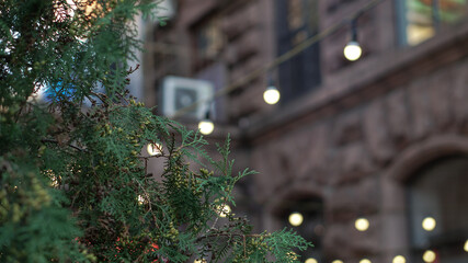 Light bulbs decorate a cafe or a holiday on the street. Stock photo background for design. Urban theme