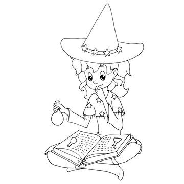 Cute cartoon witch sitting crossed legs, holding a magic potion and reading a spell book. White and black vector illustration for coloring book. Halloween theme.
