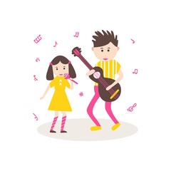 Kids singing and playing guitar. Children musical band. Cartoon vector illustration with musicians boy and girl