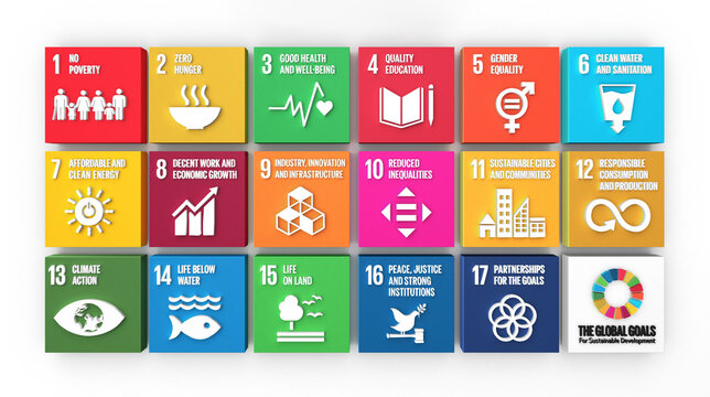 Sustainable Development Goals concept 3D icon set. SDG. 3D Rendered Illustration SDG Icons Symbols for Presentation Article, Website Report, Brochure, Poster for NGO or Social Movements. 2030.