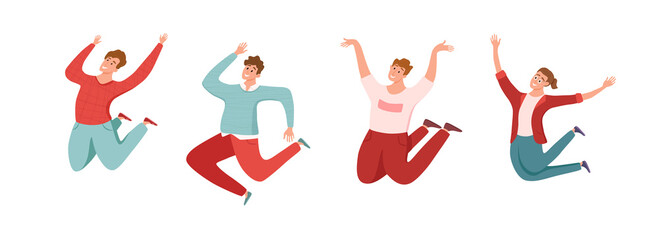 Fototapeta na wymiar Happy young guys jumping in different poses vector illustration.