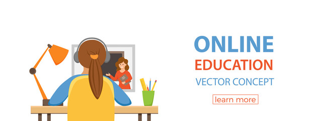 Girl studying online education at home cartoon vector illustration