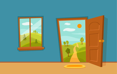 Open door and window cartoon colorful vector illustration with valley summer sun landscape