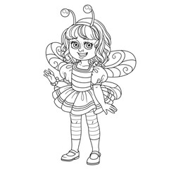 Cute girl in bee costume outlined for coloring page